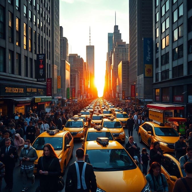 This city street scene captures the vibrant energy of Times Square, bathed in the warm glow of a setting sun. The silhouettes of towering skyscrapers and illuminated billboards add to the urban nightlife atmosphere.