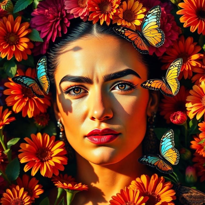 A stunning wallpaper featuring the iconic Mexican artist Frida Kahlo surrounded by vibrant butterflies and flowers, capturing her unique style and artistic flair.