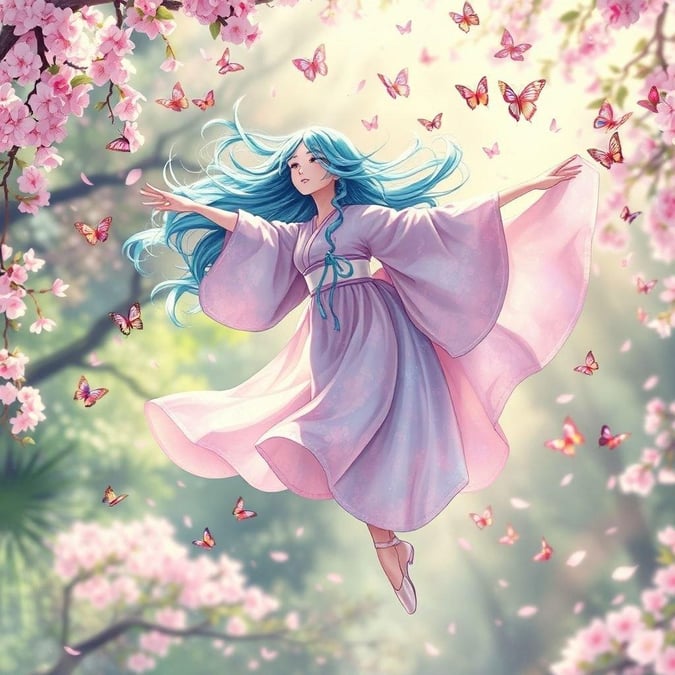 This anime-style wallpaper features a beautiful ballerina surrounded by butterflies and kimonos, creating a serene and dreamy atmosphere.