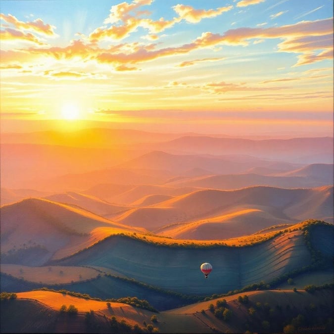 Experience the beauty of a sunset from a unique perspective with this stunning wallpaper featuring a hot air balloon gliding over rolling hills and mountains.