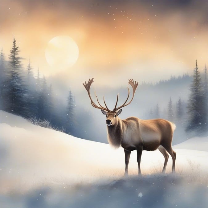 This festive winter wallpaper captures the magic of the season with a serene landscape of a reindeer standing in a snowy forest, surrounded by towering trees and a full moon shining brightly in the sky.