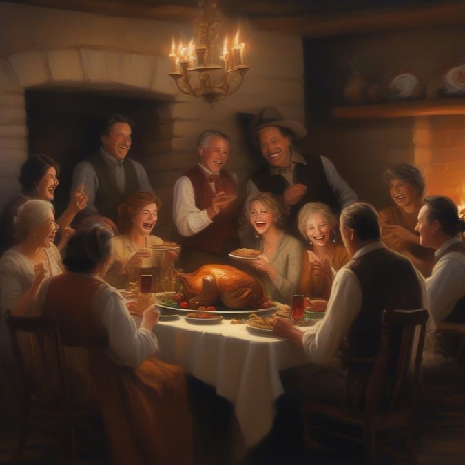 A heartwarming scene of a family gathered around a table, sharing a delicious Thanksgiving feast.