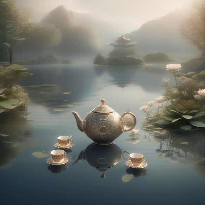 A serene scene of a traditional tea service, with a golden teapot and cups gently floating on a tranquil lake under a misty mountain backdrop.