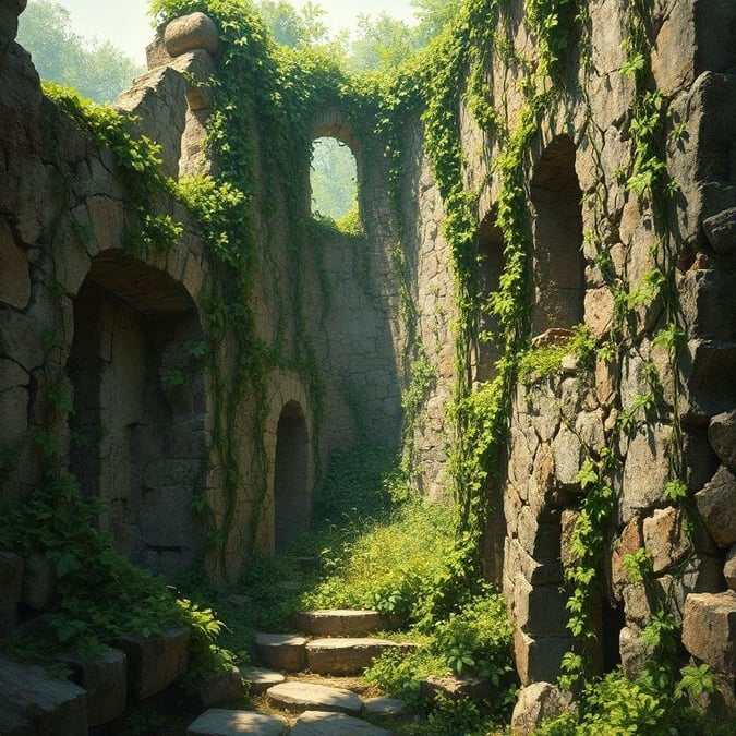 This wallpaper features a stunning image of ancient ruins covered in vines, perfect for adding a touch of history and mystery to your desktop or mobile device.