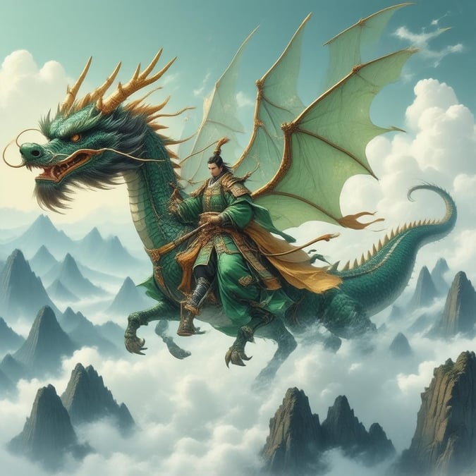 Immerse yourself in the captivating world of anime with this stunning illustration of a samurai riding a majestic dragonfly through a misty mountain range. The vibrant green and gold outfit of the samurai adds a touch of elegance to the scene, while the powerful wings of the dragonfly showcase its strength and agility. The serene blue sky in the background provides a sense of tranquility, making this image a perfect fit for desktop and mobile wallpapers.