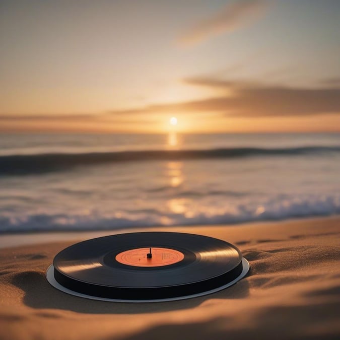 A tranquil beach scene with a vinyl record on a sandy shore. The golden sun is setting, casting long shadows and creating a serene atmosphere.