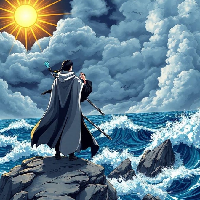 This anime wallpaper features a man in a cloak standing on a cliff overlooking a stormy sea, with a dramatic sky and crashing waves.