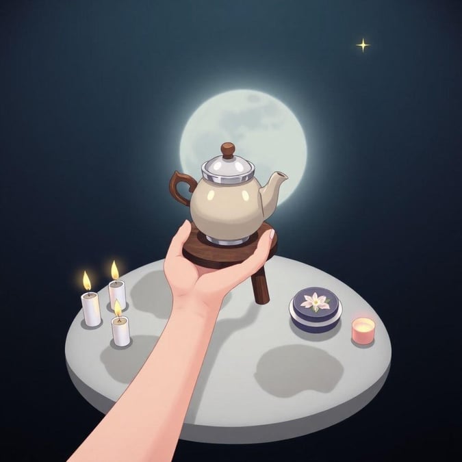 This wallpaper features a serene anime-style tea ceremony taking place on the moon's surface. A hand holds a small tea pot with a wooden handle and silver rim, placed on a dark brown wooden table. The table is adorned with two small white candles to the left and a small round teapot with a flower on it to the right. A small white candle sits to the right of the teapot. The background is a stunning view of the moon's surface, complete with two small stars shining brightly in the distance.