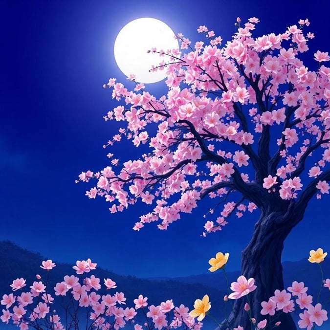 Immerse yourself in the tranquil beauty of Japan's cherry blossom tradition with this serene anime-style illustration. A majestic cherry blossom tree stands tall under a dark blue sky, its full moon in bloom, while the foreground is adorned with pink flowers and a small yellow flower. This peaceful scene captures the essence of Japan's tradition, inviting you to experience tranquility.