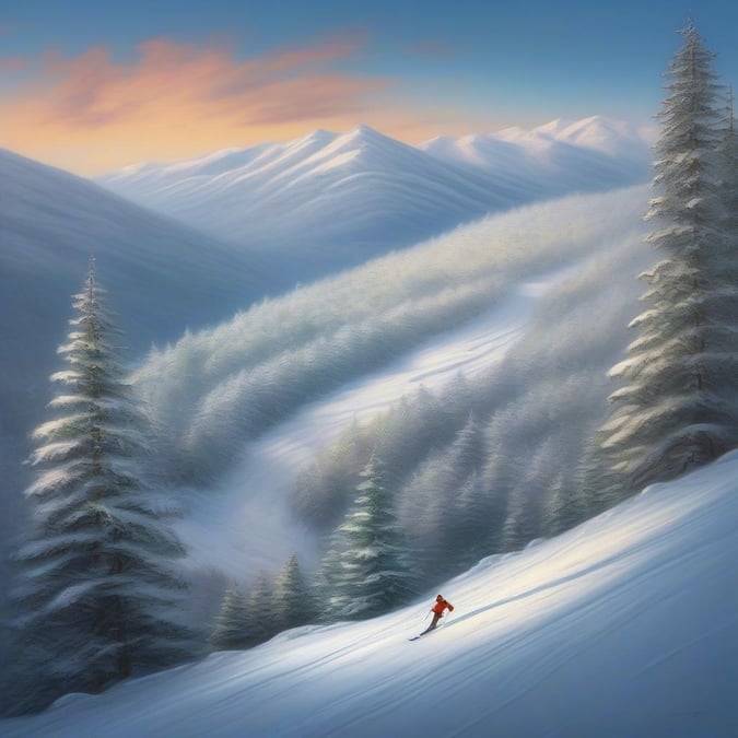 A lone skier glides down the mountain slope, leaving behind a trail of snow dust. The sky is painted in hues of orange and purple as the sun sets, casting a warm glow over the scene. Snow-covered pine trees dot the landscape, and the air is filled with the scent of fresh snow. This image encapsulates the joy and serenity of winter sports.