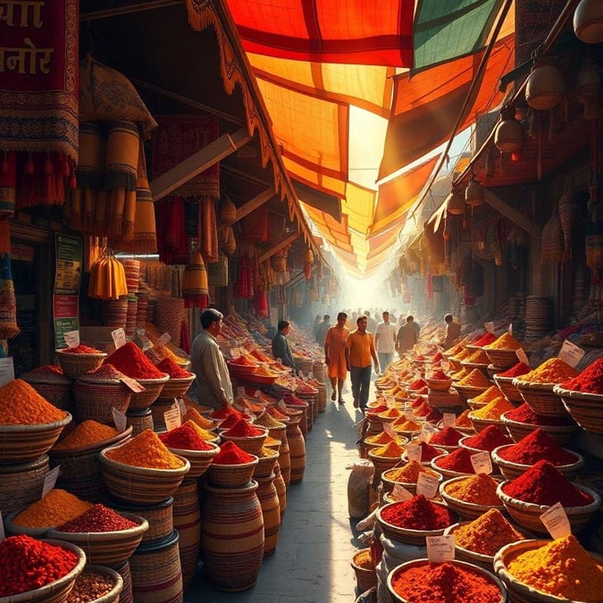 A lively street market brimming with fresh spices and bustling locals, a vibrant cultural hub and aromatic haven.