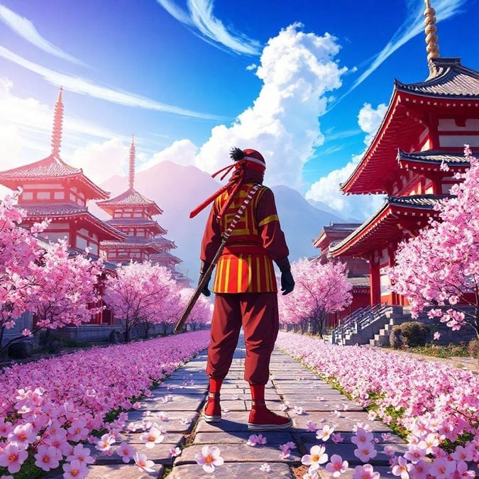 Ein zeitreisender Ninja geht einen bezaubernden Weg entlang, der von blühenden Kirschbäumen gesäumt und von alten japanischen Tempeln umgeben ist, unter einem klaren blauen Himmel.