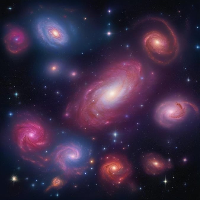 Dette betagende udsigt fanger de kosmiske vidundere i dyb rummet og viser et levende ensemble af galakser og stjerner i nuancer af pink, lilla, blå og rød. Hver tåge og galakse er gengivet med omhyggelig detalje, hvilket skaber en medrivende visuel rejse gennem vores univers' uendelighed.