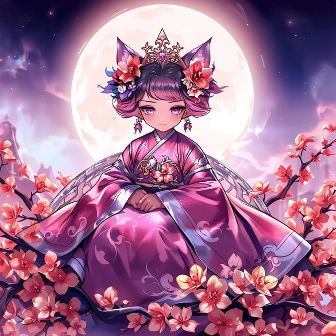 A beautiful digital illustration depicting a kitune princess in her ornate pink dress, surrounded by cherry blossoms and under the gentle glow of a full moon.