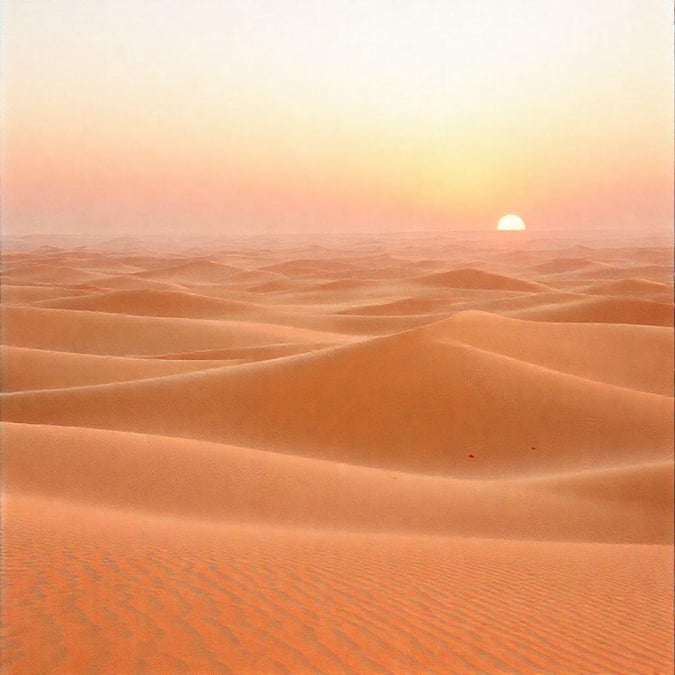 Experience the tranquility of a desert sunset with this stunning wallpaper. The warm glow from the setting sun casts long shadows and bathes the sand in a soft, golden light.