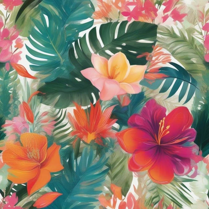 Add a touch of paradise to your device with this stunning tropical flower wallpaper. Perfect for desktop and mobile use, this beautiful design features a vibrant array of flowers and foliage, sure to brighten up any screen.