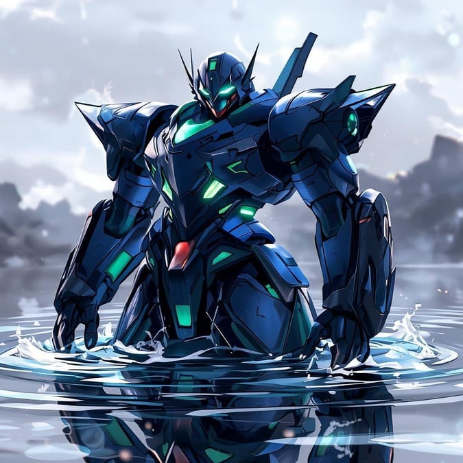 This stunning anime-style wallpaper features a futuristic mecha robot rising from the depths of a serene lake. The robot's sleek armor and glowing eyes add a touch of futurism, while the soft gray background creates a sense of depth and mystery.