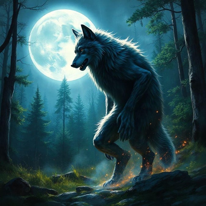 A majestic wolf stands guard in the moonlight of a forest. The full moon casts a dramatic glow on the scene, highlighting the wolf's powerful presence.