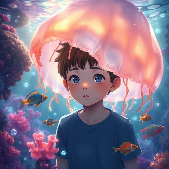 A young boy dives into the underwater world, where a large jellyfish hovers above his head, its tentacles casting a mesmerizing glow. The marine life around him is alive with vibrant colors and intricate details, capturing the essence of fantasy and surrealism.