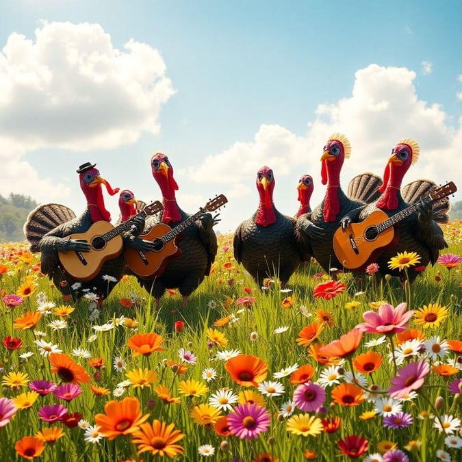 A playful take on Thanksgiving with a group of turkeys strumming guitars among autumn flowers.