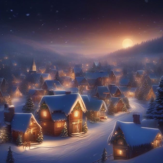 This winter wallpaper captures the serene beauty of a snowy village at night, with snow-covered houses and trees aglow with festive lights.