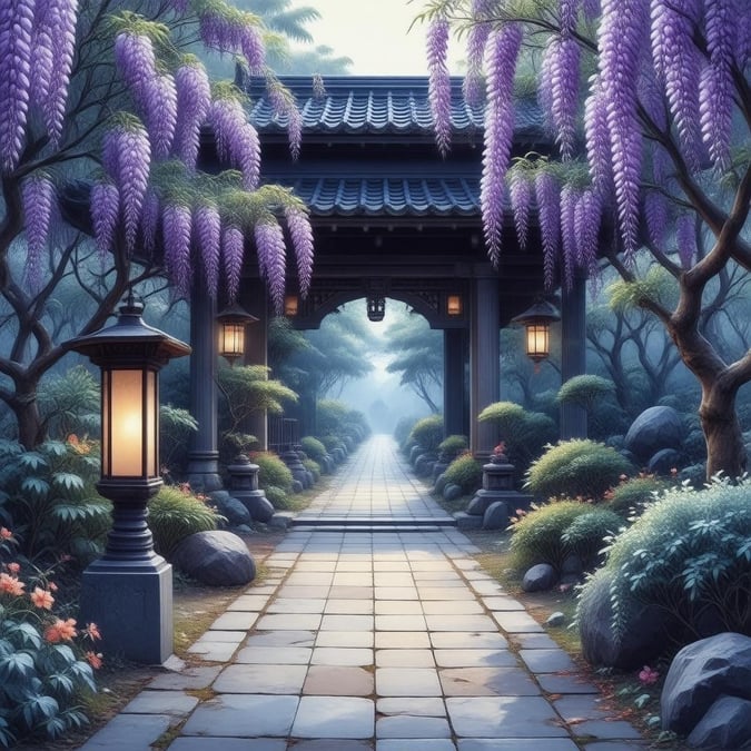 Experience the serenity of an anime garden, where ancient Japanese temples meet vibrant wisteria and lantern-lit paths.