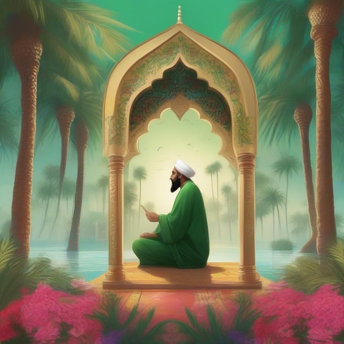 A man in traditional Islamic attire, deep in prayer, surrounded by the serene beauty of a tropical garden during Ramadan. A place to focus on spirituality and reflection.