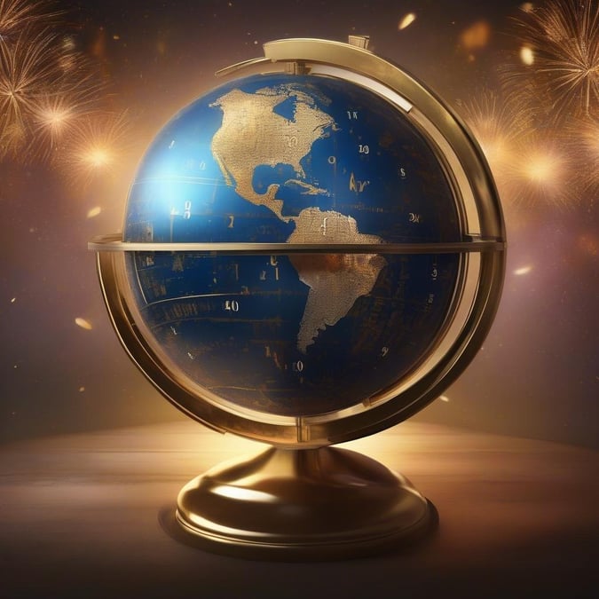 A world globe with fireworks in the background, signifying a joyous celebration of the new year.