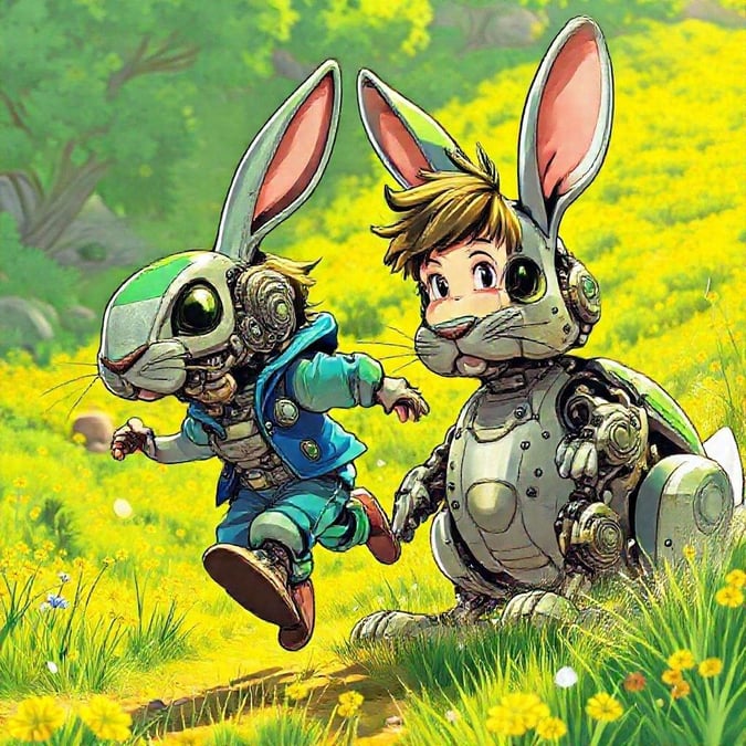 A vibrant anime illustration of a young boy playing with a giant mechanical rabbit, showcasing a playful moment in time.