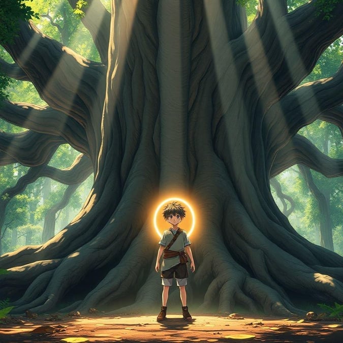 This anime-style wallpaper features a young boy standing in front of a massive tree, with a serene forest background and a bright sun shining through the leaves. The image is perfect for anyone who loves anime or nature-inspired wallpapers.