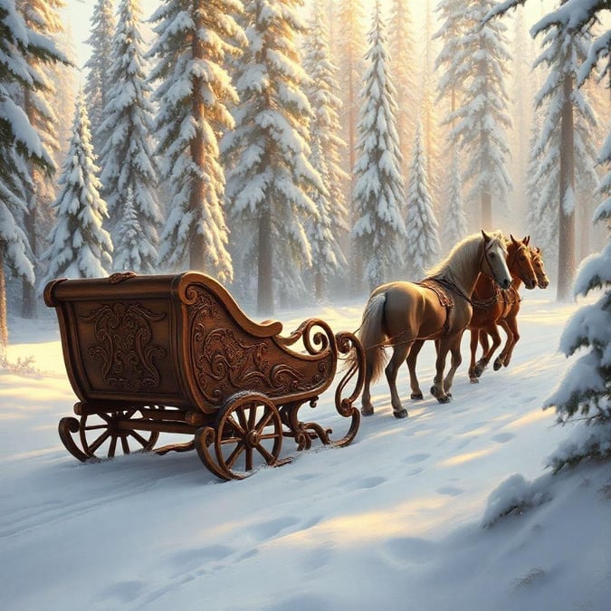 This serene scene captures the essence of a winter wonderland. Two majestic horses pull a beautifully crafted sleigh along a snow-covered path, surrounded by the tranquil beauty of a forest in winter. The sun casts its warm light through the trees, illuminating the scene with a soft glow and creating a magical atmosphere.