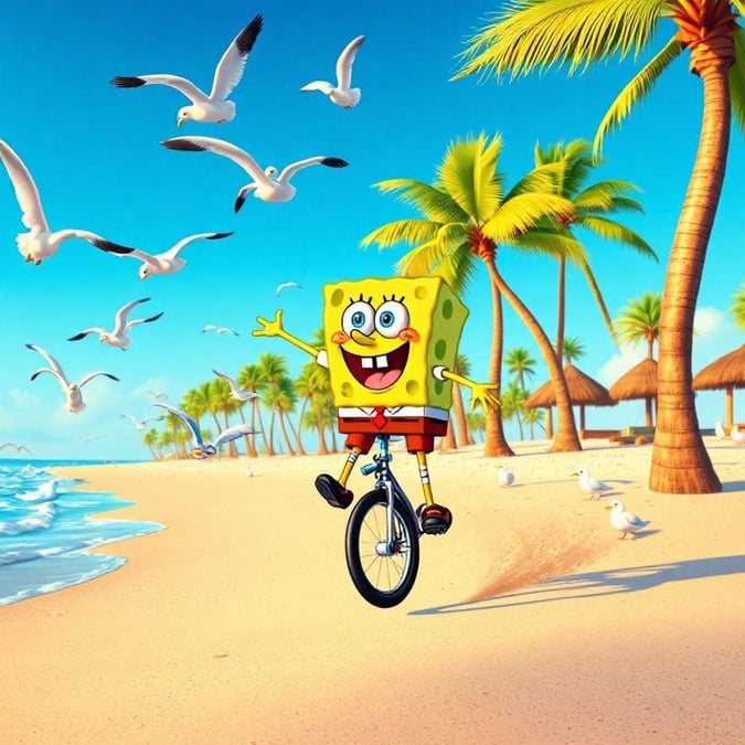 This vibrant wallpaper features SpongeBob SquarePants enjoying a sunny day at the beach, surrounded by palm trees and seagulls. The bright colors and playful scene make it a fun and lively addition to any desktop or mobile device.