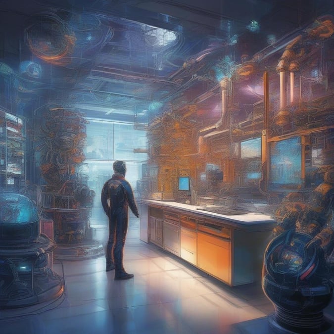 Explore the high-tech haven of cyberspace in this futuristic wallpaper. Standing at a vintage computer terminal, ready to delve into the digital universe.