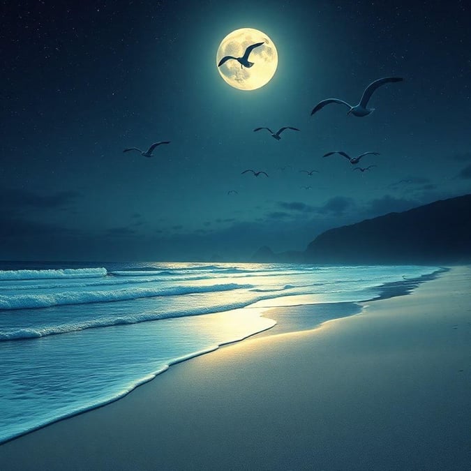 A serene and peaceful 3D art wallpaper featuring a moonlit beach scene, perfect for calming your desktop or mobile screen.