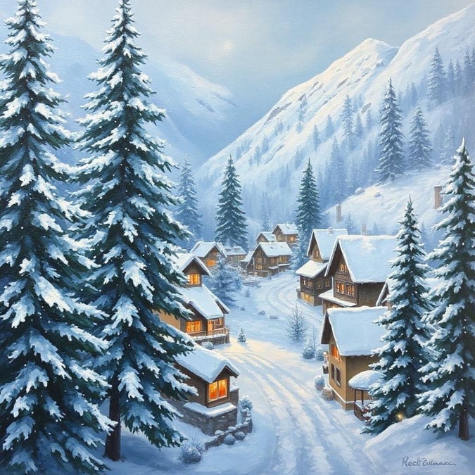 This beautiful wallpaper features a serene snowy mountain village, perfect for adding a touch of winter wonderland to your desktop or mobile device.