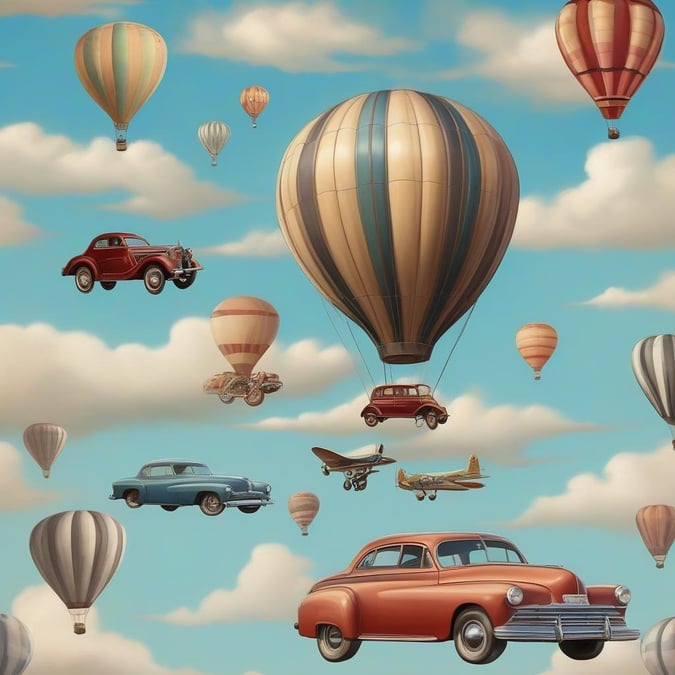 This wallpaper showcases a collection of vintage cars and hot air balloons soaring through the sky, creating a nostalgic and adventurous atmosphere.