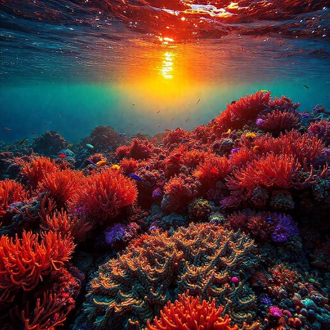 A close-up view of vivid coral reefs in the ocean, illuminated by a warm sunset. This wallpaper captures the beauty and diversity of marine life under the sea's surface.