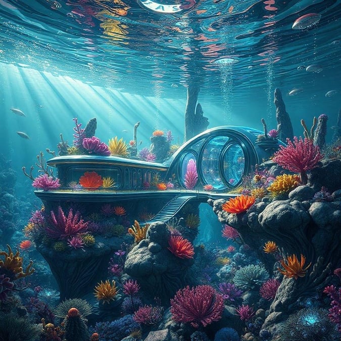 An extraordinary scene of an underwater city, complete with a futuristic submarine. This image captures the essence of sci-fi landscapes in an aquatic setting.