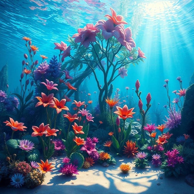 This vibrant wallpaper captures the allure of an underwater coral reef. Explore a world of colorful marine life, including lively pink and orange flowers that add a touch of magic to the scene.