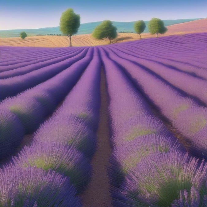 Experience the serene beauty of a lavender field on a clear day. The vibrant purple hues and neat rows create an idyllic scene that is sure to bring tranquility to any desktop or mobile screen.