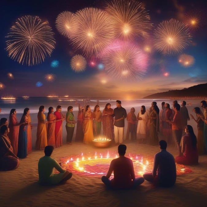 En livlig och glad scen av Diwali-firande på en vacker strand, med fyrverkerier som lyser upp natthimlen och människor klädda i traditionella indiska kläder.