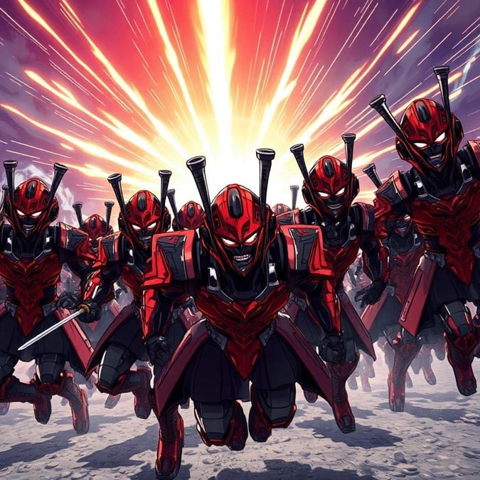 This anime wallpaper features a group of robotic samurai in black and red armor, charging towards the viewer with an animated expression. The background is a backdrop of rising solar flares, creating an ethereal atmosphere.