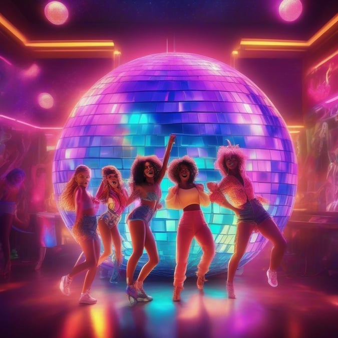 Six ladies having the time of their lives at a colorful dance party. Feeling the disco vibes with glitter in the air and lights all around.