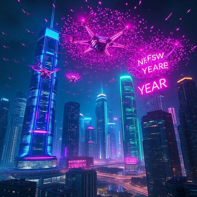 Vibrant futuristic city skyline with iconic buildings lit up in neon lights, illuminated by multicolored fireworks. A drones fly through the air, adding to the celebratory atmosphere.