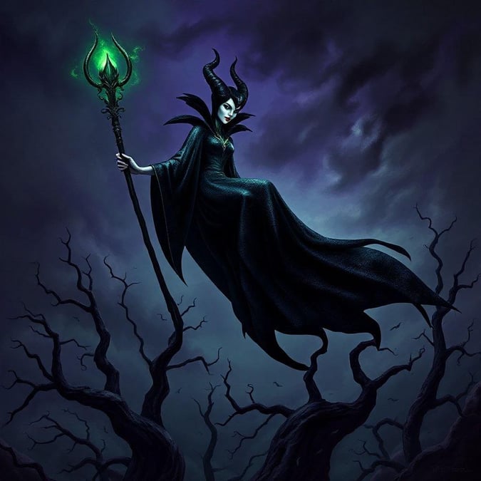 Maleficent, the iconic Disney villain, stands tall in the forest, her dark magic and beauty captivating all who see her.