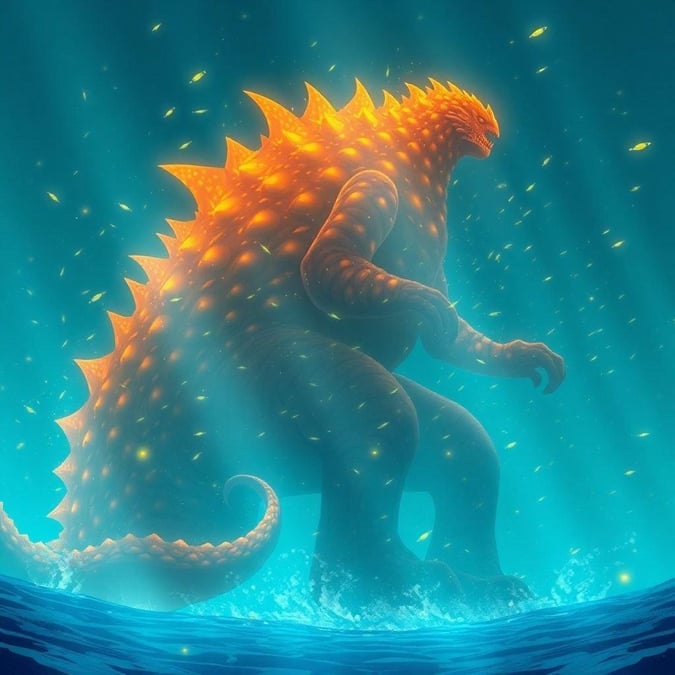 A majestic kaiju, its vibrant orange and yellow body illuminated by bioluminescent fish, rises from the ocean's depths in this stunning anime wallpaper.