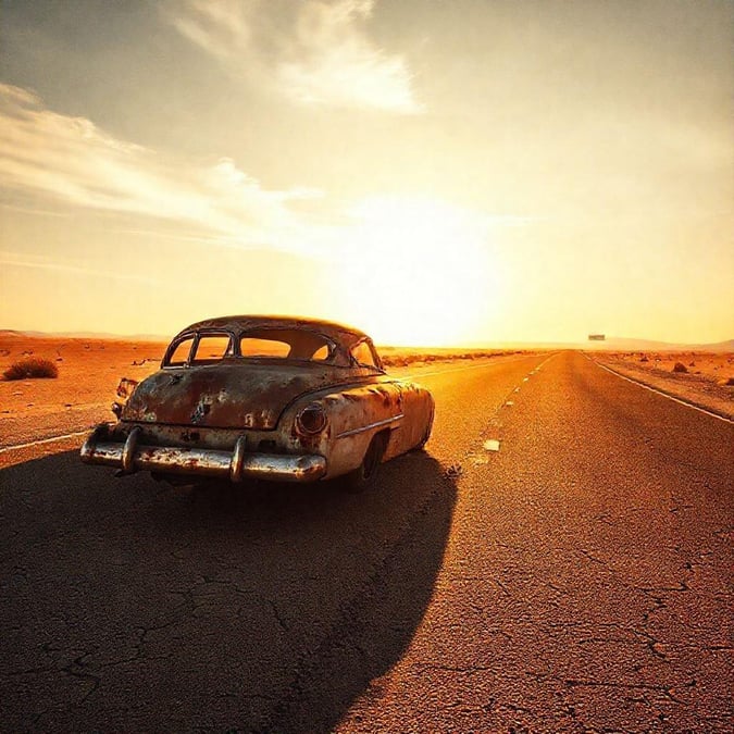 This wallpaper captures the essence of adventure and exploration, with an abandoned car standing alone in the vast expanse of the desert. The image evokes a sense of mystery and intrigue, inviting the viewer to ponder the story behind the car's journey.