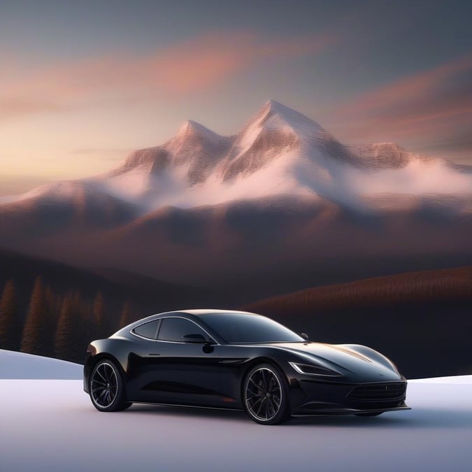 This stunning wallpaper features a sleek, black luxury car parked in front of a majestic mountain range, exuding elegance and sophistication.