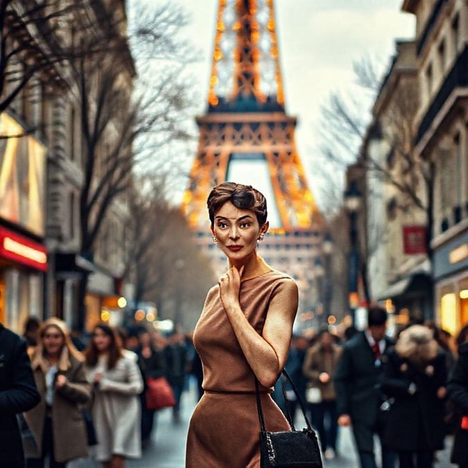 A stunning image of Audrey Hepburn in front of the Eiffel Tower in Paris. This iconic actress is known for her elegance and grace, and this photo captures her beauty perfectly.