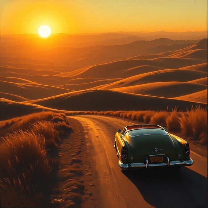 Embark on an iconic journey through the sunset-kissed desert with this classic convertible, evoking a sense of adventure and freedom. Cruise the scenic backroads with the top down, as the world slips away.